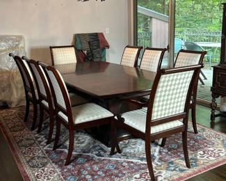 Vintage Henkel Harris Mahogany Dining Room Table and Upholstered Chairs