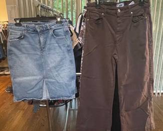 Paige Wide Leg Brown Denim Pants and Pilcro High Waist Denim Skirt