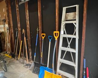 Assorted Garage and Garden Tools, Aluminum Step Ladder, and Tool Organizers