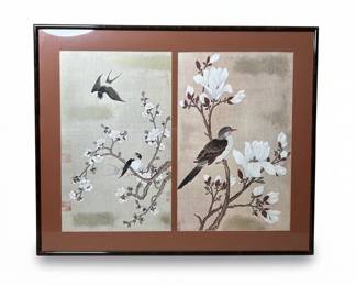 Vintage Chinese Silk Painting of Birds and Magnolia Blossoms