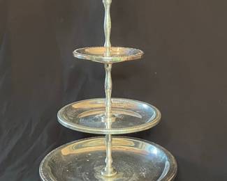 Vintage Silver-Plated Three-Tier Serving Stand with Beaded Edge
