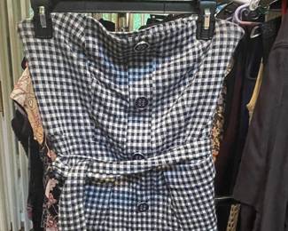 Navy and White Gingham Button-Front Belted Strapless Top