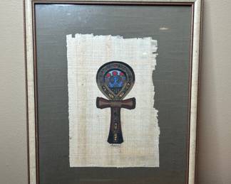 Hand-Painted Egyptian Papyrus Art of Ankh with Scarab