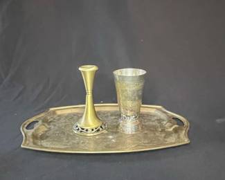 Vintage Brass Candlestick and Cup Set with Tray