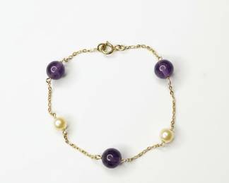 18k Gold Pearl & Stone Chain Bracelet