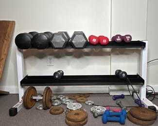 Two-Tier Dumbbell Rack and Assorted Free Weights