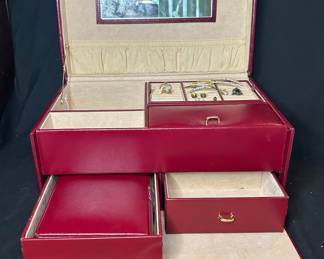 Vintage Burgundy Faux Leather Jewelry Box with Mirror and Drawers