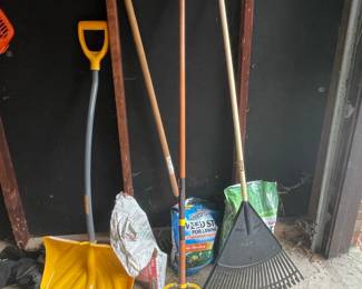 Assorted Garden and Lawn Tools: Snow Shovel, Push Broom, and Leaf Rake