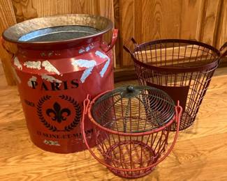 Large bucket w red paint, wire baskets