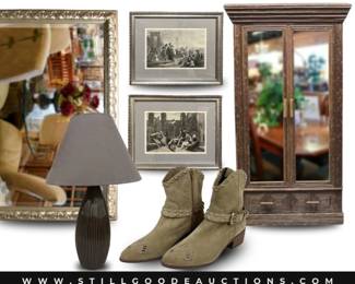 , Ethan Allen, gloves, air mattress, 14k gold, Bulova watch, Vince Camuto, Gramophone, plasma television, costume jewelry, chess set, garden bench, stained glass window, oil lamps, Longaberger, kitchen utensils, Steelcase furniture, Cutco, Shawnee pottery, golf balls, milk glass,  and more!