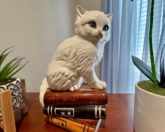 Large Decorative Ceramic Cat on Books