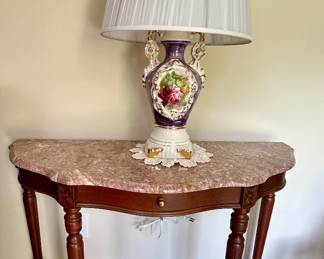 Marble-Top Console/Sofa Table • Floral Porcelain Table Lamp