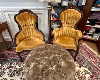 Victorian Parlor Chairs (Pair) • Tufted Velvet Ottoman