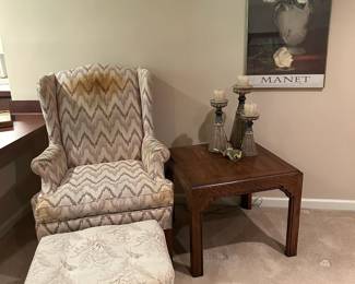 Armchair, Wooden Side Table, Wall Decor 