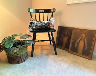Wooden Chair, Religious Art, Faux Plant 