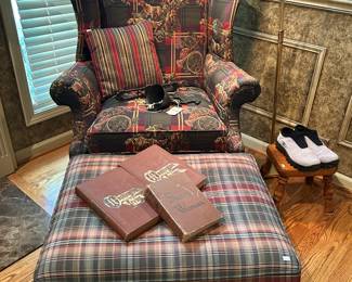 Temple Furniture Hunting Dog Chair, Plaid Ottoman, Wooden Stool, Floor Lamp 