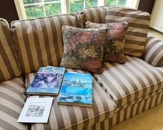 Sherrill Sectional Sofa, Decorative Pillows, Books 