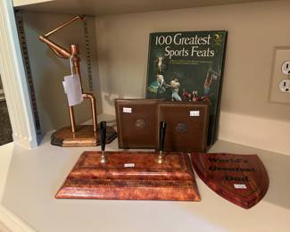 World's Greatest Dad Wooden Plaque, 100 Greatest Sports Feats Book, Copper Pipe Golfing Figure 