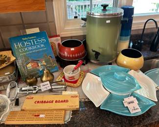 Betty Crocker Cookbook, Cribbage Board, MCM Pottery Serving Set 