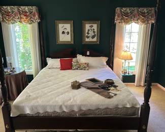 Curtains, Wall Art, Four Poster Carved Wood King-Size Bed Frame  