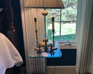 Glass Top Table, Candlestick Holder, Decorative Lamp, Ornate Brass Candle Holder Pair  