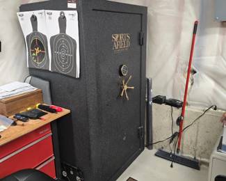 Sports Afield safe. 39" wide x 28" deep x 66.5" high. Openable. Will require light demo work for removal.