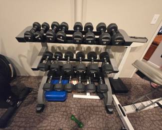 Free-weight set and rack are all available.