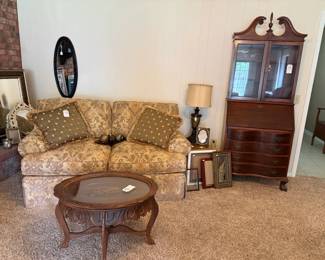 Damask Sofa, Secretary Desk, and Hand Carved table