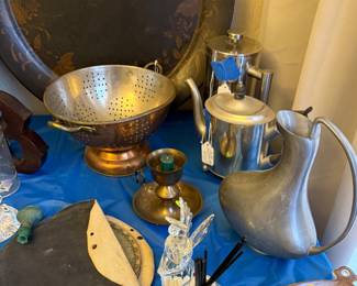 Pewter pitcher, vintage footed copper colander