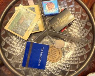 FB Rogers divided relish bowl with misc match books