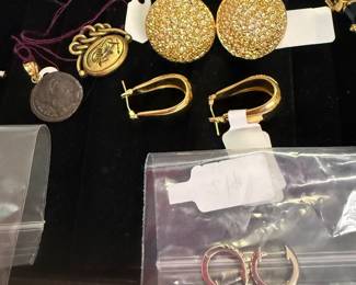 Napier earrings, costume earrings, Roman bronze coin with 18K gold clasp