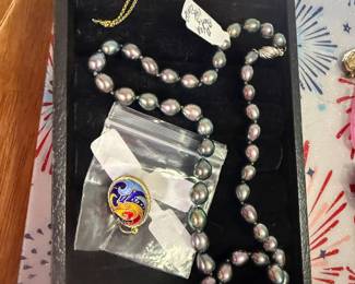enamel pendant, dyed pearls with 14k clasp