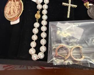 real pearls with 14k clasp, 14k Cross pendant, Cameo with gold trim