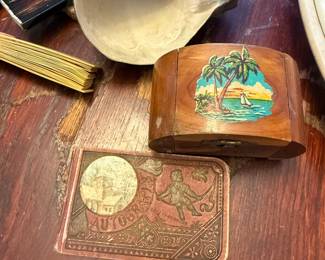 wooden trinket box, Victorian-era autograph book from late 19th century