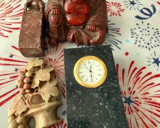 vintage red resin buddha figure, stone body desk clock, chinese soapstone carving