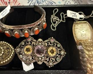 corral and silver bracelet, vintage pendant, dyed pear silver necklace