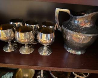 vintage silver plated water pitcher, silver plated goblets