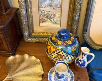 vintage Talavera lidded jar, ginko leaf trinket tray