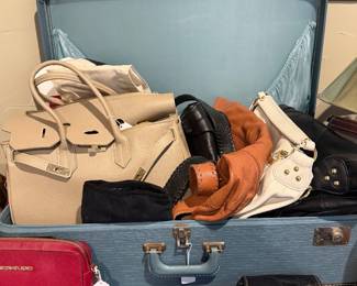 misc purses and vintage suitcase