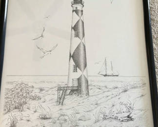 Lot 97: Framed Cape Lookout Lighthouse Drawing by Beatrice Martin