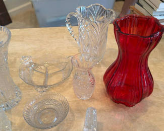 Lot 78: Assorted Cut Glass and Red Glass Vases and Serving Pieces