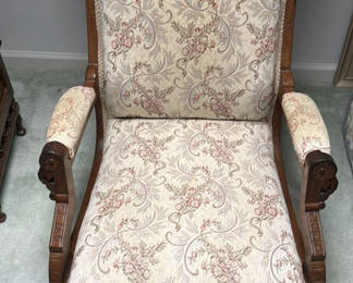 Lot 44: Wooden Upholstered Armchair and Footstool