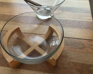 Lot 46: Glass Salad Bowls with Wooden Utensils and Stand