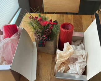 Lot 56: Red Pillar Candles and Holiday Floral Arrangement