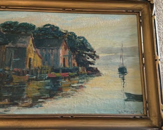 Lot 95: Framed Coastal Village Oil Painting