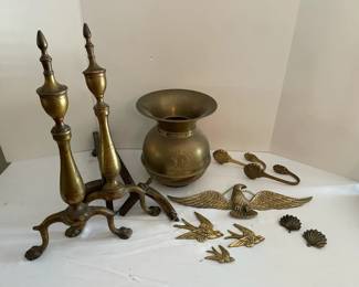 Vintage Brass Redskins Tobacco Spittoon, Brass Firewood Holders, Other Brass Pieces