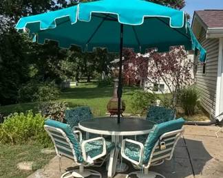 Vintage Patio SetGlass Metal Table with Umbrella 4 Chairs and Cushions