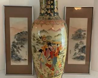 Large Vintage Asian Vase, Pair of Framed Asian Artworks by C. Fung