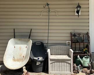 Suncast Patio Storage Bench, Plastic Garden Trolley, Wheelbarrow, More Lawn Items