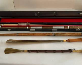 Vintage Personal Pool Cue, Cane w Brass Dog Head Handle, Leather Carrying Case, Two Shoe Horns